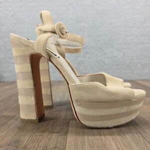 Alice + Olivia Womens Size 38 Platform Sandals Heels Beige Striped Suede Leather